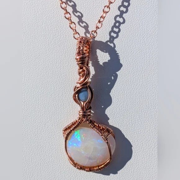 Mystical Opal Amulet Necklace Artisan Copper Wire Wrap With Dainty Chain - Picture 11 of 15